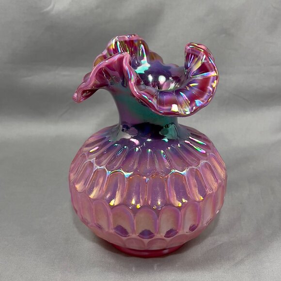 Vtg Frank Fenton Art Glass Plum Pink Carnival Iridescent Thumbprint Vase Signed - Picture 7 of 15